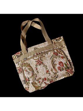 Vintage Floral Tapestry Tote Bag Orange Beige Rose Flowers Travel Bovano USA